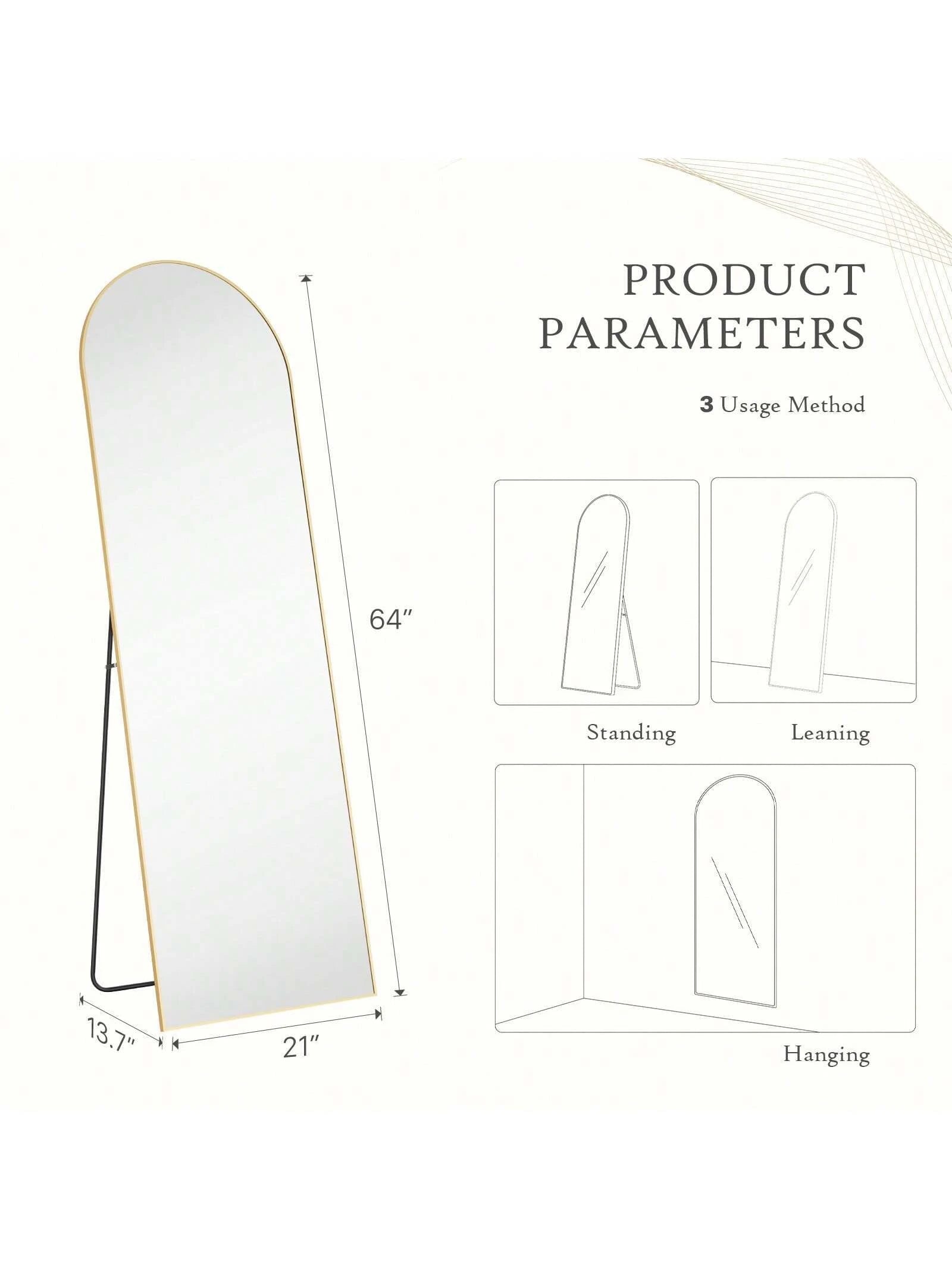 64"X21" Full Length Mirror with Stand,Aluminum Alloy Frame Arched Body Mirror,Mid Century Modern Furniture Style Standing/Leaning/Hanging Wall Mirror for Bedroom,Bedroom