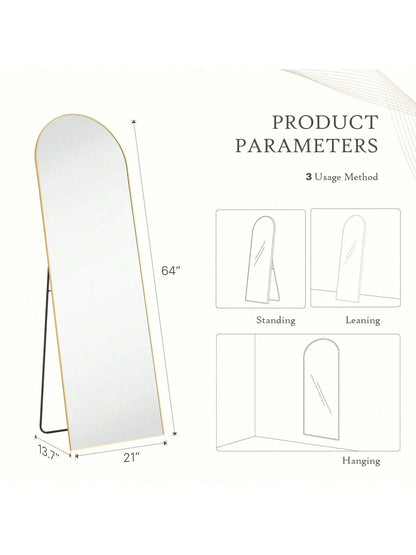 64"X21" Full Length Mirror with Stand,Aluminum Alloy Frame Arched Body Mirror,Mid Century Modern Furniture Style Standing/Leaning/Hanging Wall Mirror for Bedroom,Bedroom