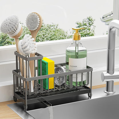 Black Stainless Steel Kitchen Sink Caddy – Rotatable Spout Sponge Holder with Brush Organizer & Soap Storage