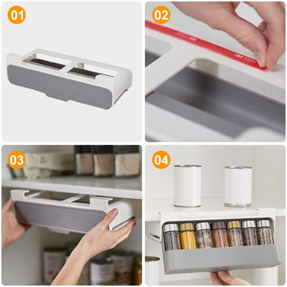 Under-Shelf Spice Rack Drawer – Self-Adhesive Pull-Out Organizer for Kitchen Seasoning Bottles