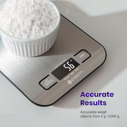 Digital Food Kitchen Scale – Stainless Steel with LCD Display, 5-Unit Modes, Tare Function & Batteries Included (11lb Capacity)