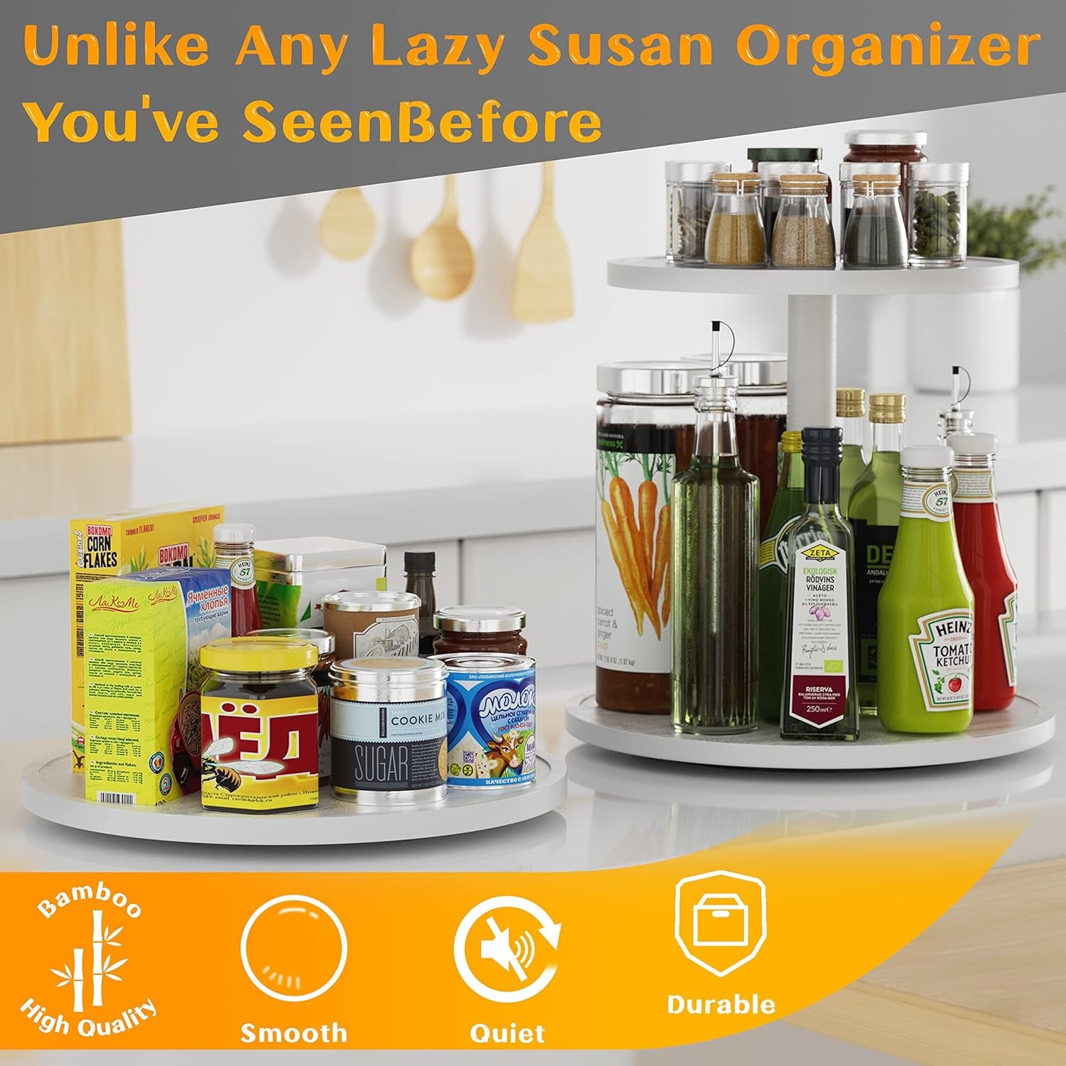 10" Bamboo Lazy Susan Organizer – Non-Skid Rotating Turntable for Kitchen, Countertop & Pantry (White Base)