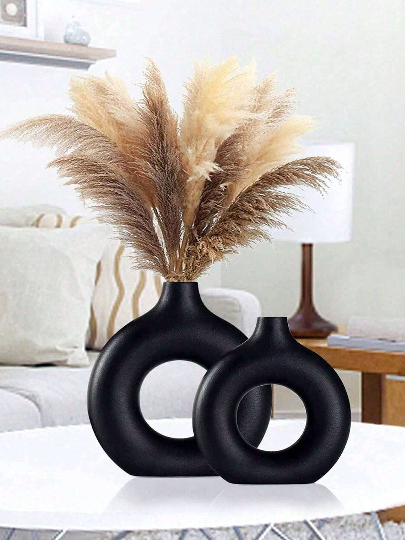 Black Circular Plastic Flower Vase – Modern Minimalist Vase for Dried & Faux Floral Arrangements