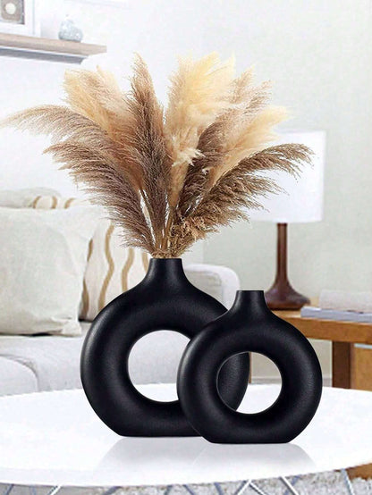 Black Circular Plastic Flower Vase – Modern Minimalist Vase for Dried & Faux Floral Arrangements