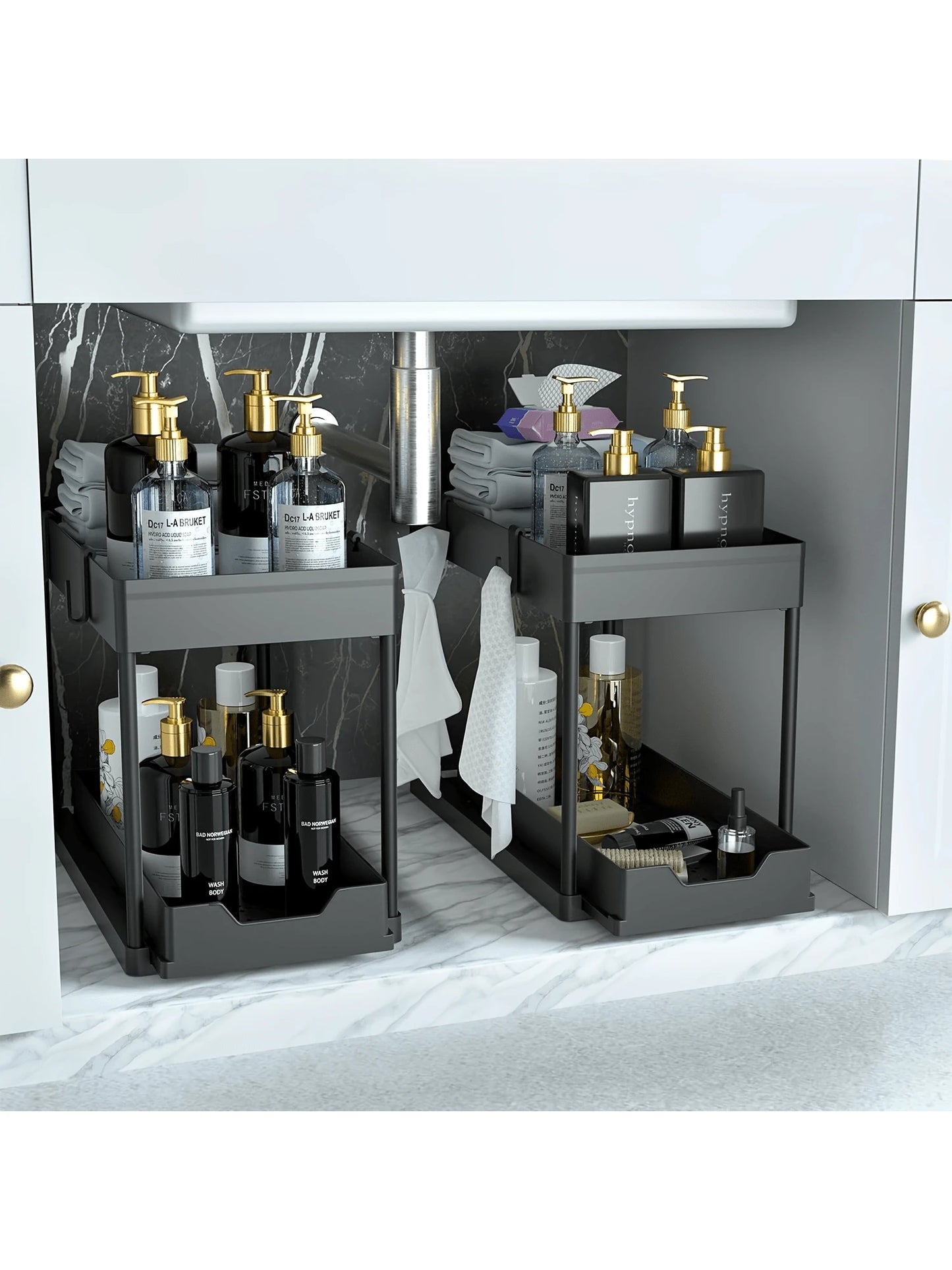 2-Pack Under Sink Organizers – 2-Tier Pull-Out Storage Drawers for Kitchen & Bathroom, Space-Saving and Durable (Black)