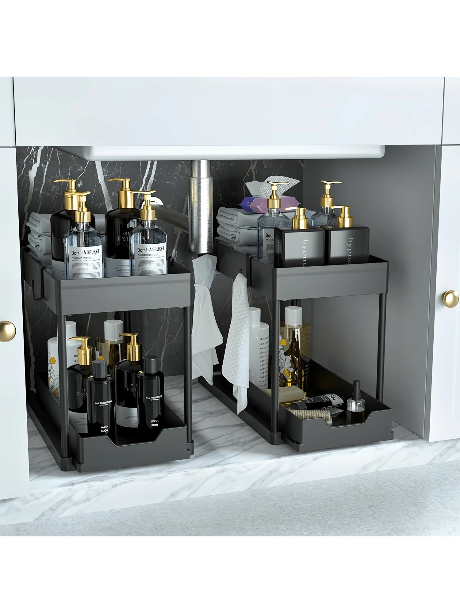 2-Pack Under Sink Organizers – 2-Tier Pull-Out Storage Drawers for Kitchen & Bathroom, Space-Saving and Durable (Black)