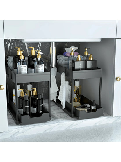 2-Pack Under Sink Organizers – 2-Tier Pull-Out Storage Drawers for Kitchen & Bathroom, Space-Saving and Durable (Black)