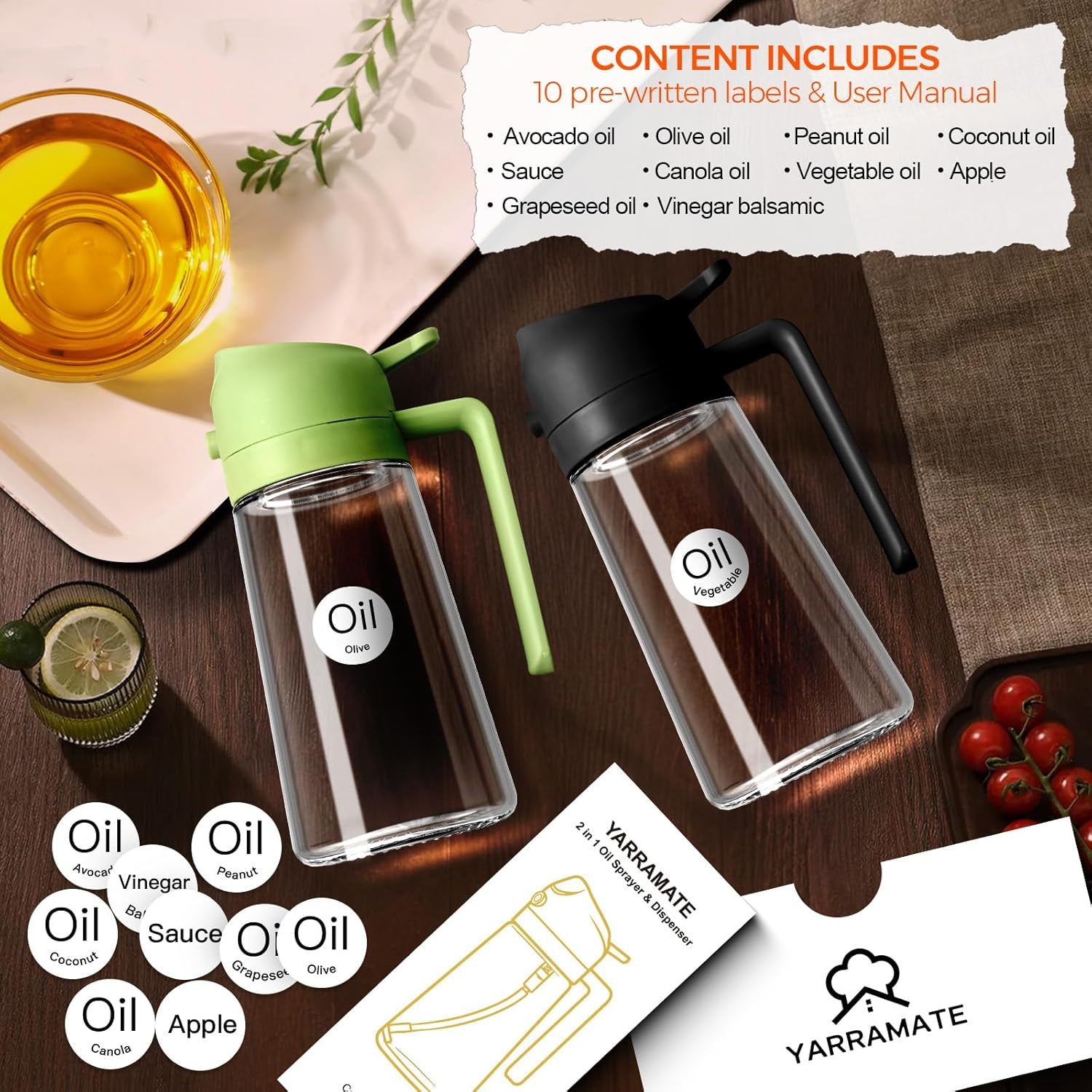 2-in-1 Olive Oil Dispenser & Sprayer – 16oz Glass Bottle for Cooking, Salad, BBQ (Black)