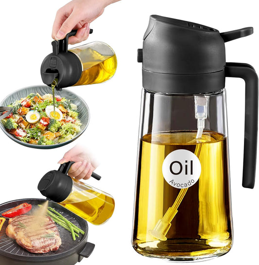 2-in-1 Olive Oil Dispenser & Sprayer – 16oz Glass Bottle for Cooking, Salad, BBQ (Black)