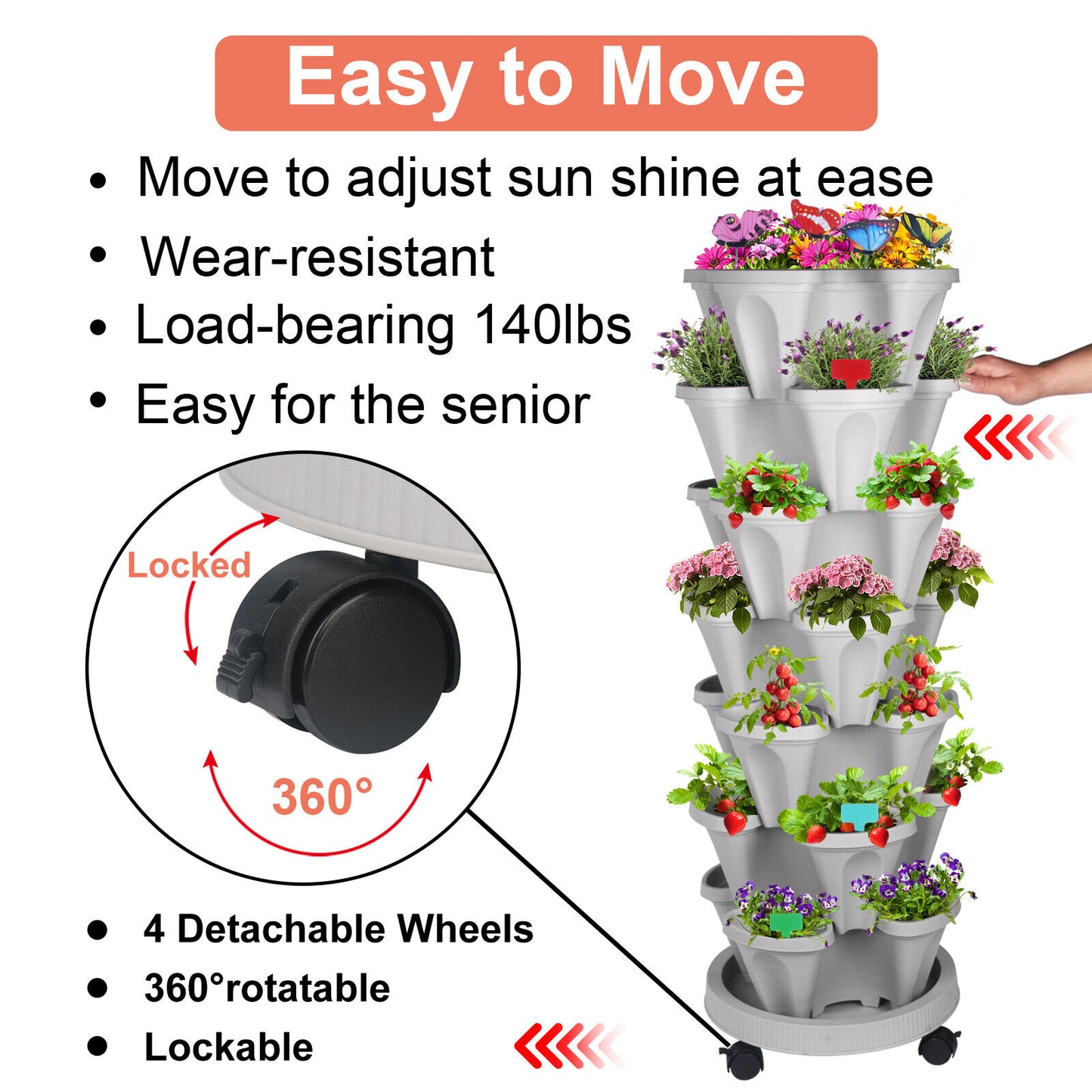 🌱 Product Title: 7-Tier Stackable Vertical Planter with Wheels & Garden Tool Set – Space-Saving Plant Tower for Indoors & Outdoors
