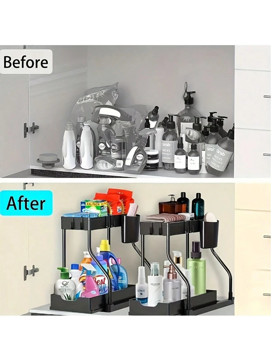 2-Pack Under Sink Organizers – 2-Tier Pull-Out Storage Drawers for Kitchen & Bathroom, Space-Saving and Durable (Black)