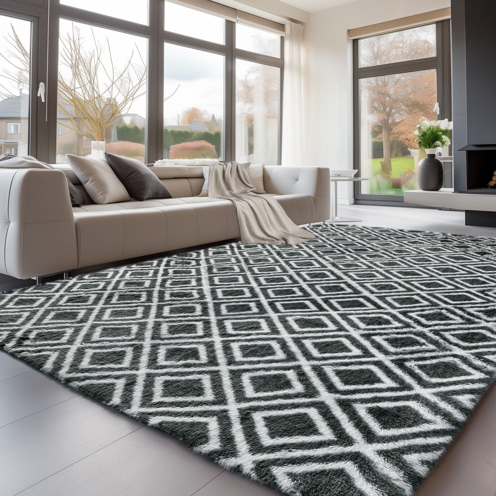 Large Grey Shaggy Area Rug – Ultra-Soft Fluffy Carpet with Non-Slip Bottom for Living Room & Bedroom