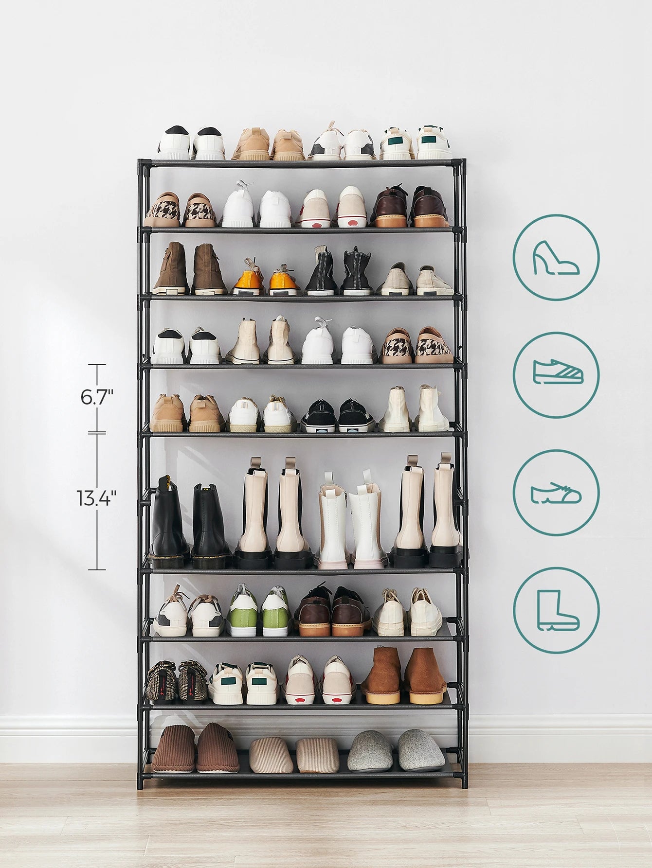 10-Tier Shoe Rack – Vertical Shoe Organizer with Metal Frame & Non-Woven Shelves for Entryway or Bedroom (Black)