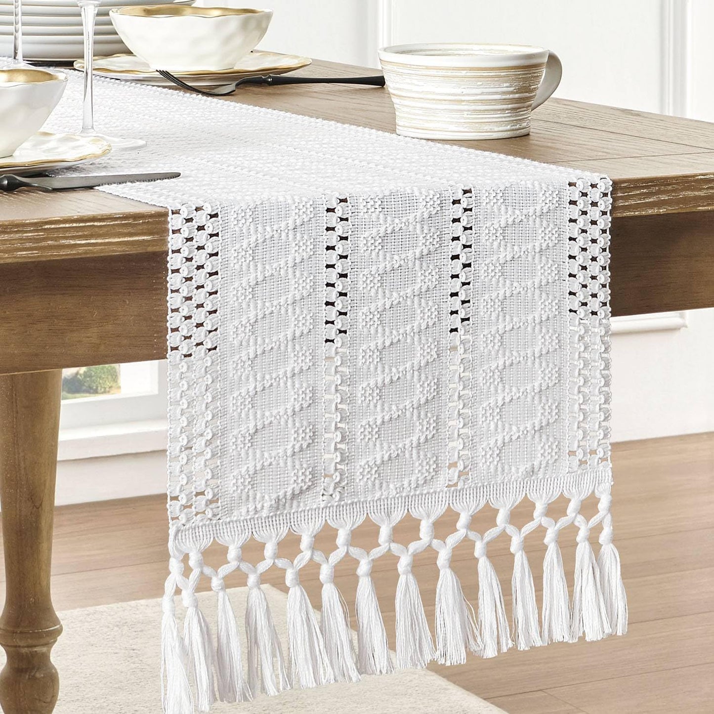 Macrame Style Boho Table Runner – Burnt Ochre (12x48”), Farmhouse Woven Fall Decor with Fringed Edges