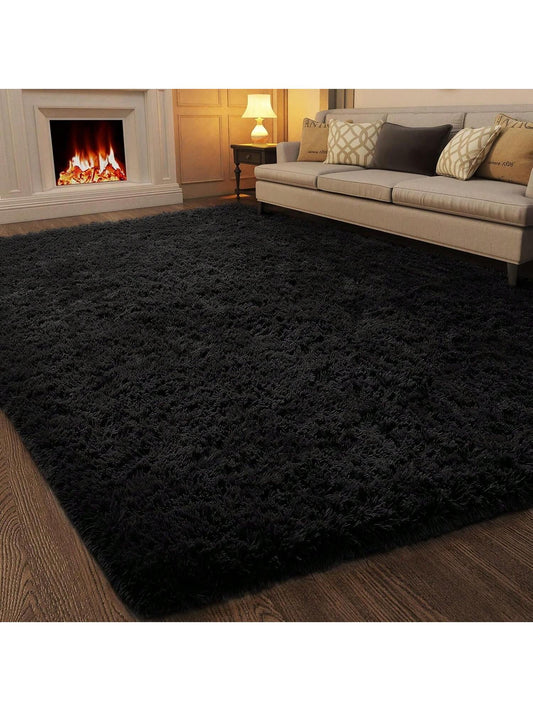 Black Fluffy Shag Rug – Soft Plush High-Pile Area Carpet for Bedroom, Living Room & Dorm Decor