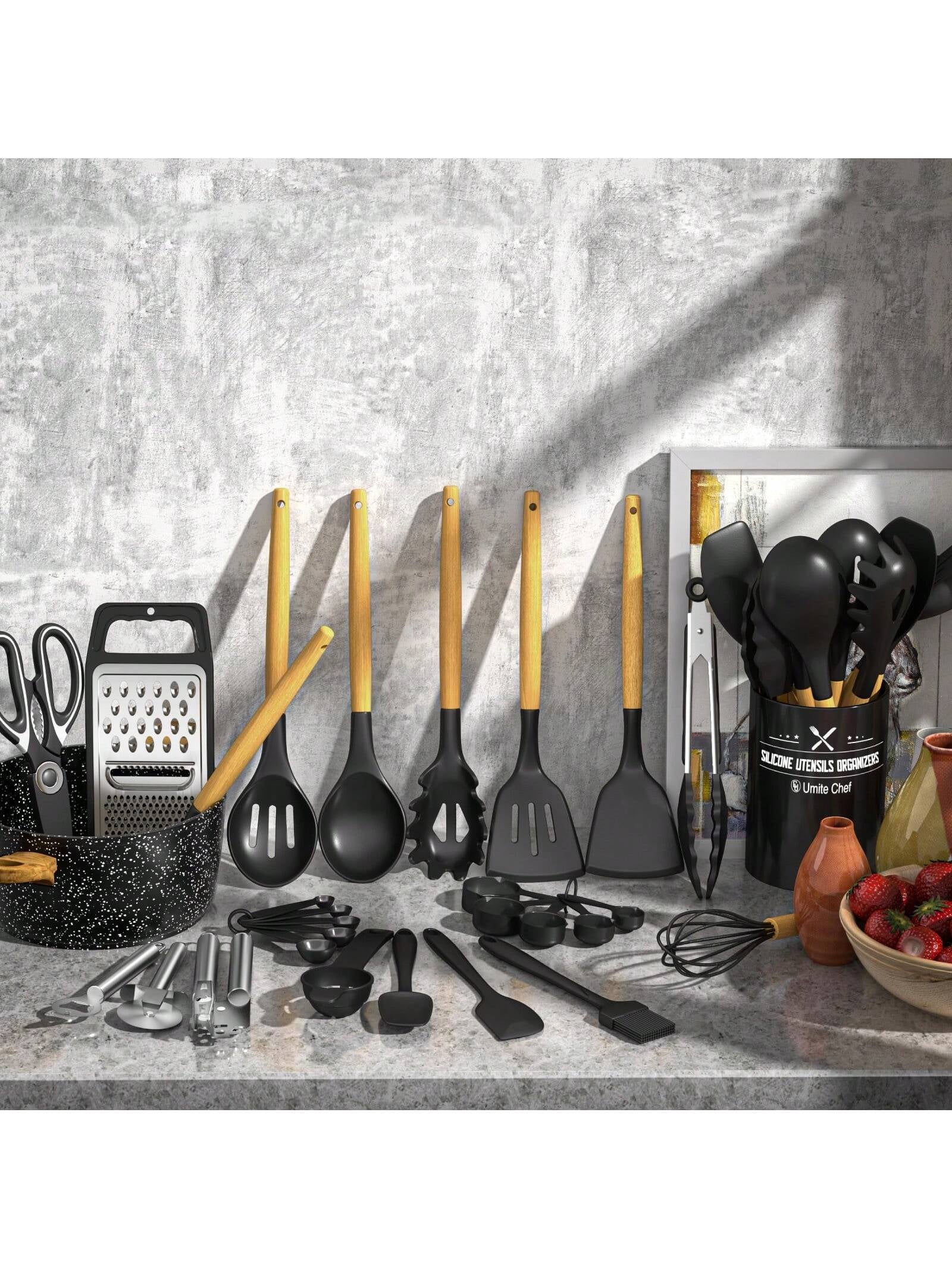 Kitchen Utensils Set – 34PCS Silicone Cooking Utensils with Holder, Heat Resistant Spatula Set for Nonstick Cookware, Black with Wooden Handles