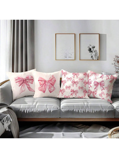 4 Pcs Pink Bow Print Pillow Covers – 17.7" x 17.7" Decorative Cushion Covers for Sofa, Bed & More